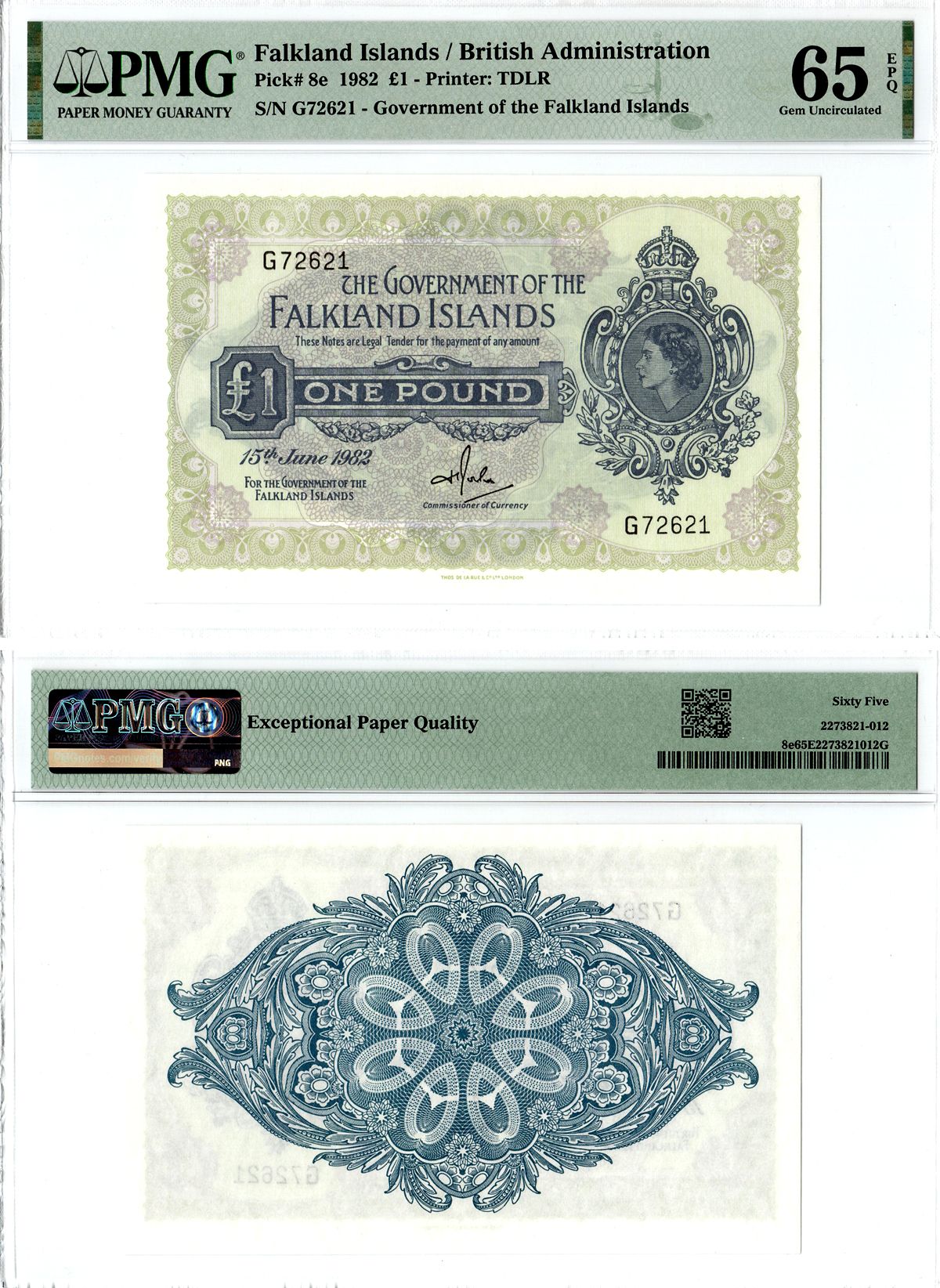 Фолклендские острова 1 фунт 1982 Елизавета II (1952-2022), 15 июня 1982, в слабе PMG 65 Gem Unc Pick 8 e  бумага  UNC (пресс) 452-2-101