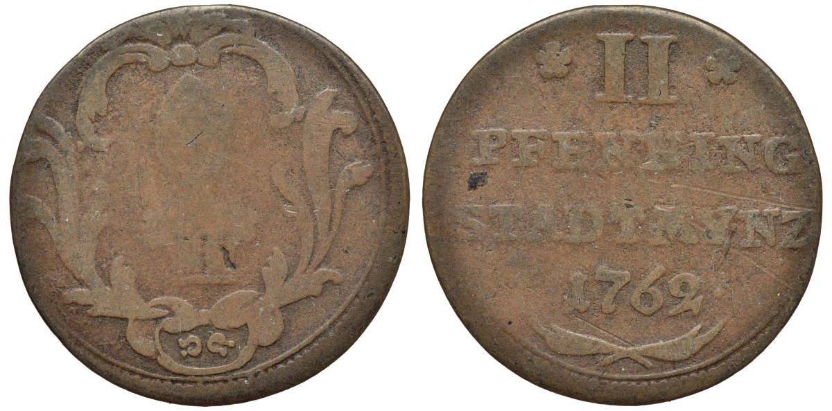 Аугсбург 2 пфеннига 1762 KM 169 медь 75-555