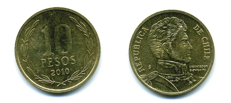 ЧИЛИ 10 ПЕСО 2010 ГЕНЕРАЛ БЕРНАРДО О ХИГГИНС KM 228.2 никель-бронза 37-823