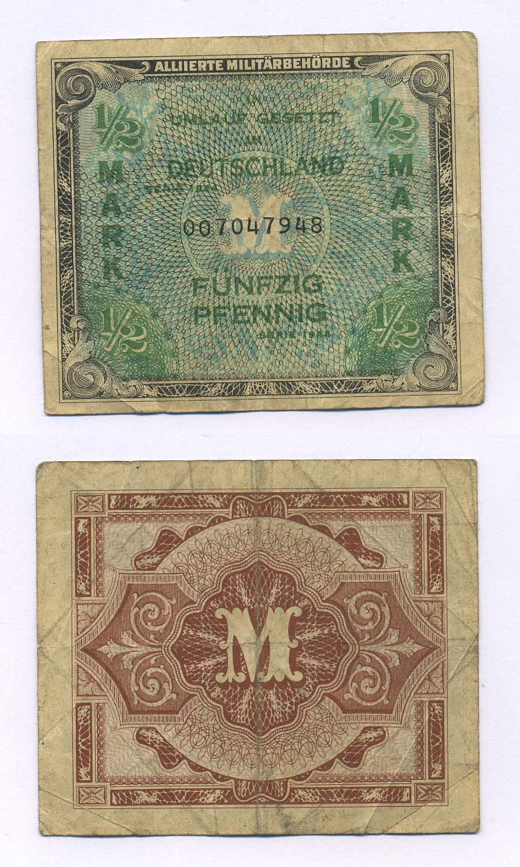 ГЕРМАНИЯ 1/2 МАРКИ 1944 9 ЦИФР В НОМЕРЕ Pick 191а бумага 7146-29-2-1