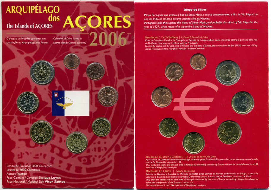 Португалия евронабор из 8 монет 2006 серия Португальские территории, архипелаг Азорские острова, в красивом буклете, официальный выпуск BUNC 7-4-1-7
