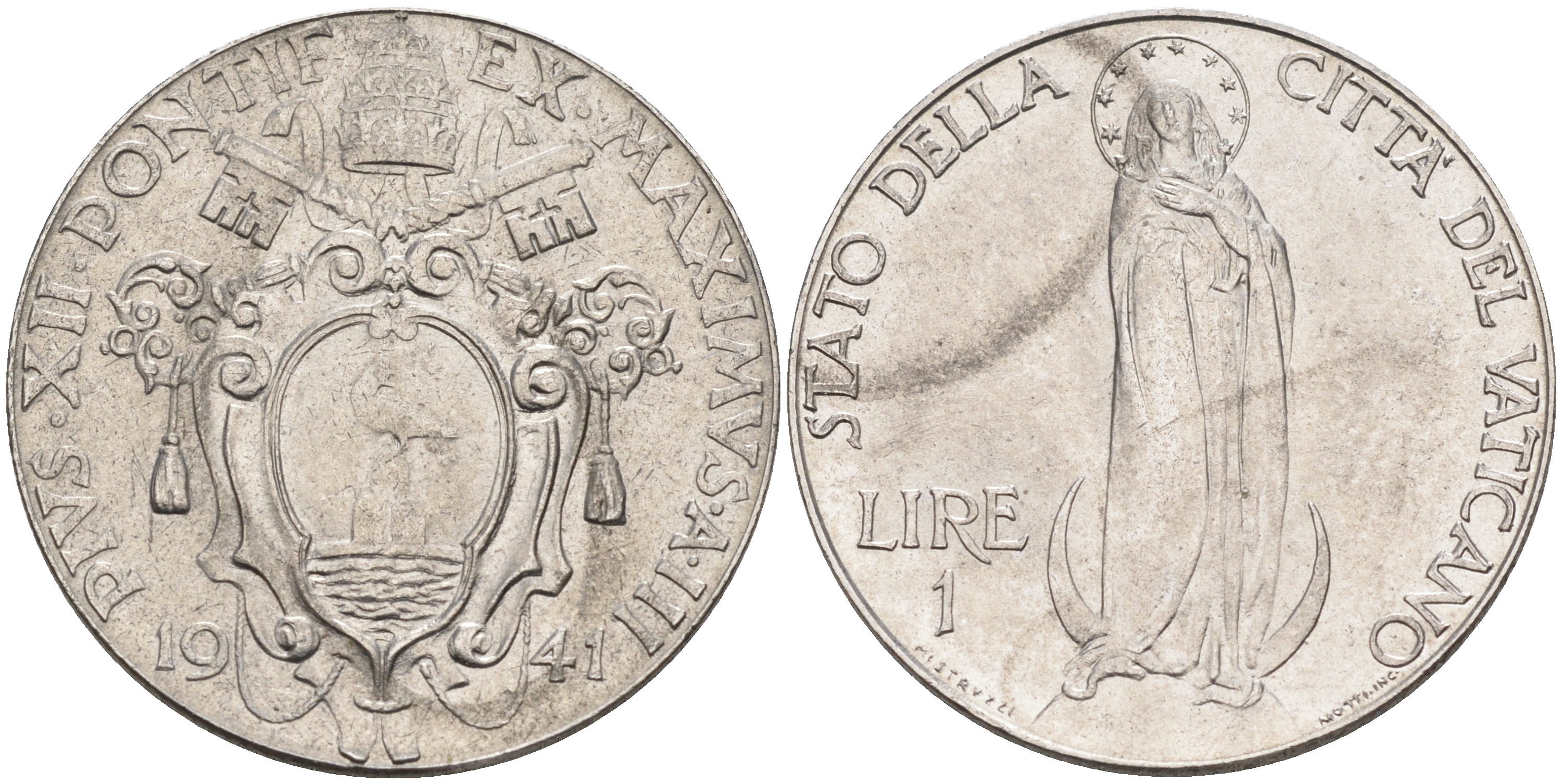 Ватикан 1 лира 1941 Пий XII, Дева Мария KM 26 a сталь UNC 63-954