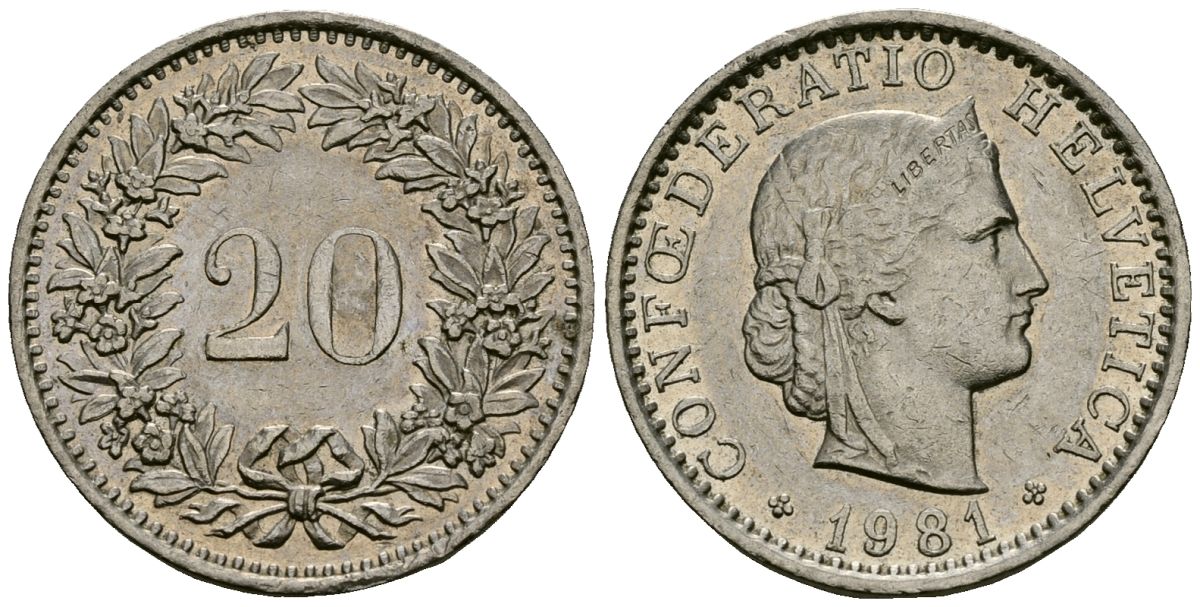 Швейцария 20 раппенов 1981 KM 29a медно-никель 4172-514