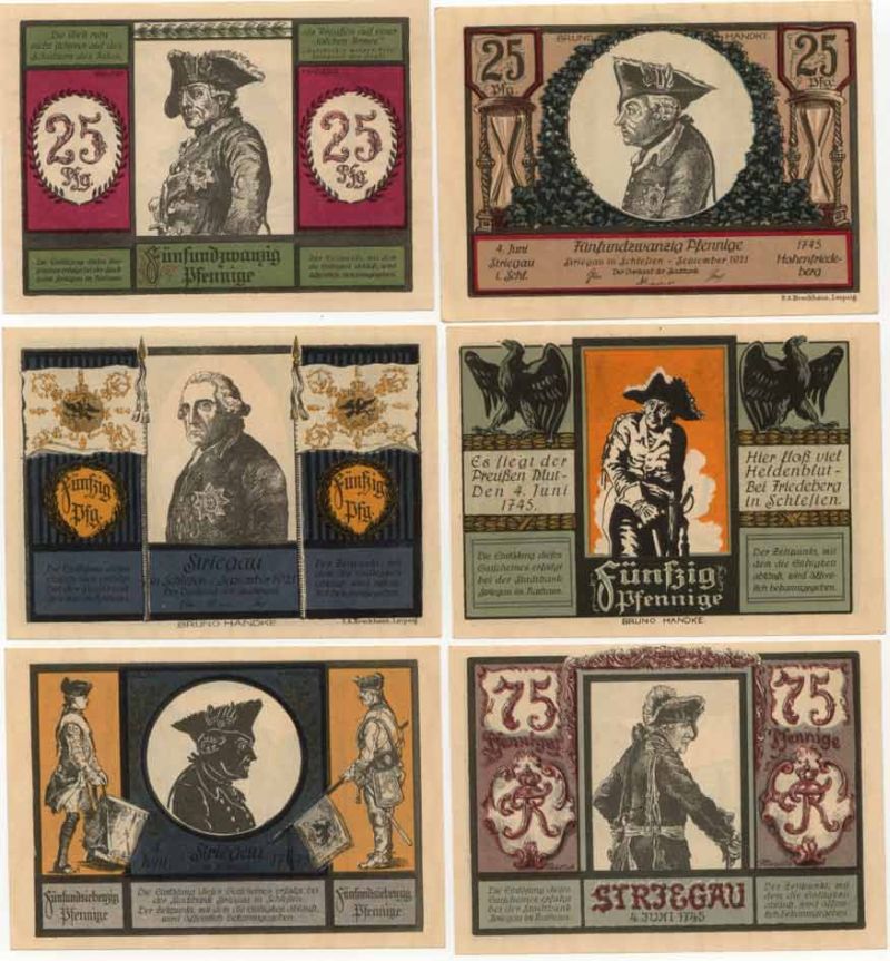 Германия, Стригау лот из 6 бон 25, 50 и 75 пфеннигов 1921 полководцы Grabowski 1284.1  бумага  UNC (пресс) 7555-15-3-2