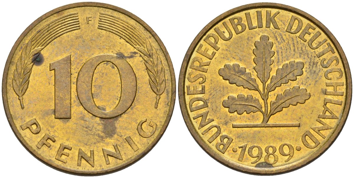 ФРГ 10 пфеннигов 1989 F KM 108, J. 383 сталь плакированная латунью 4163-834