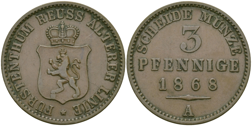 РЕЙС-ШЛАЙЦ 3 ПФЕННИГА 1868 А KM 76 медь 4127-845