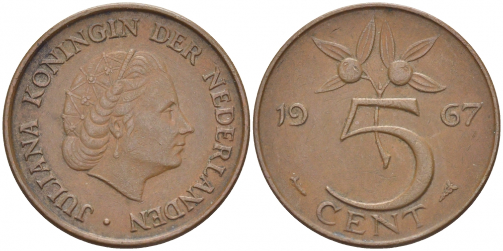НИДЕРЛАНДЫ 5 ЦЕНТОВ 1967 ЮЛИАНА KM 181 бронза 214-668