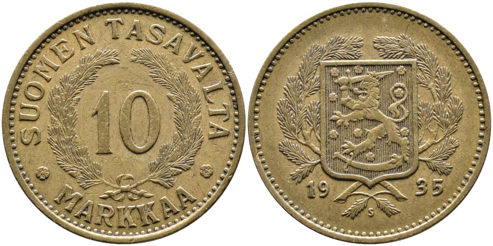 Финляндия 10 марок 1935 S KM 63 алюминиевая бронза 4388-1055