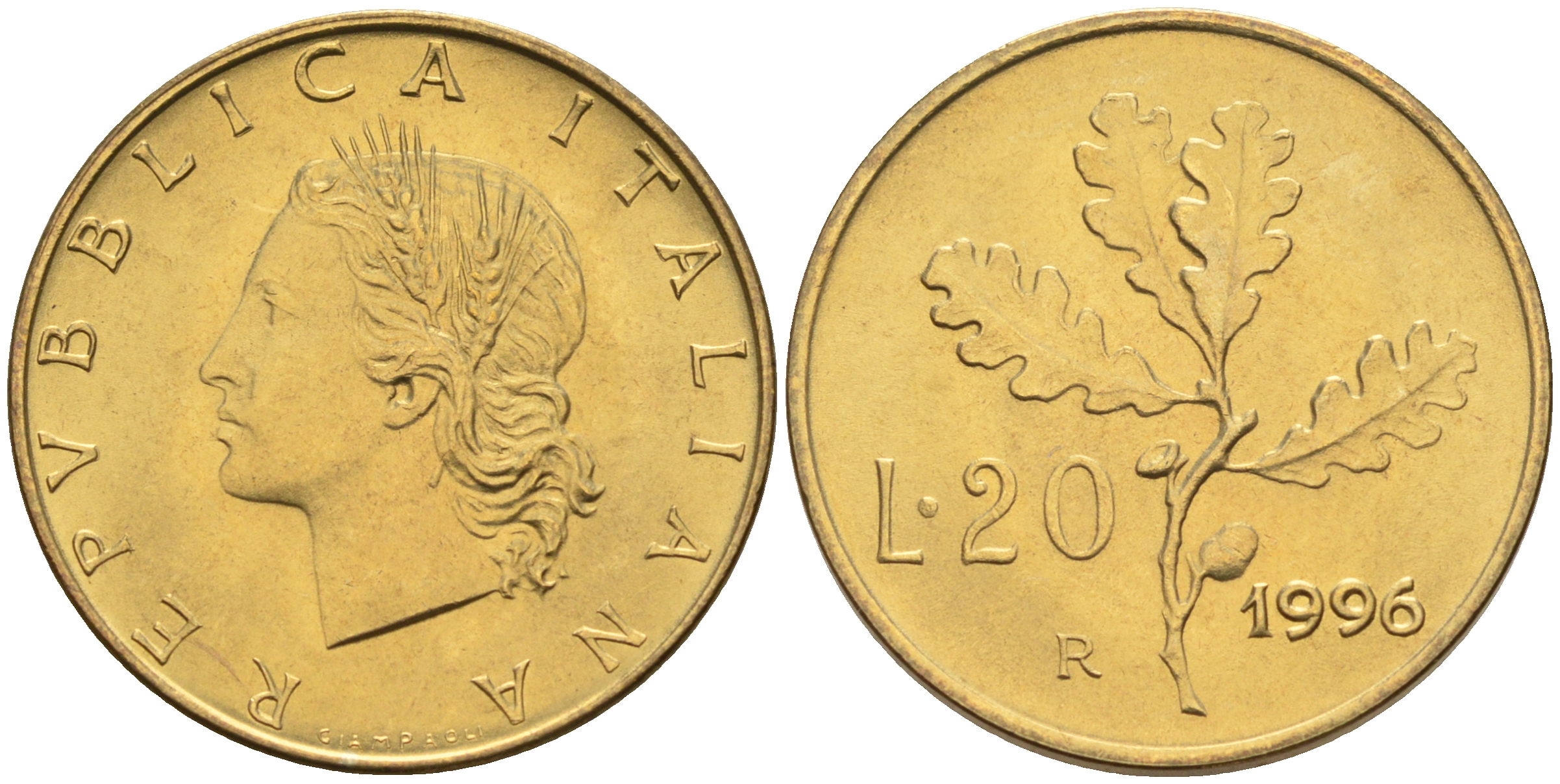 Италия 20 лир 1996 R, дубовый лист KM 97.2 алюминиевая бронза  UNC  4594-1039