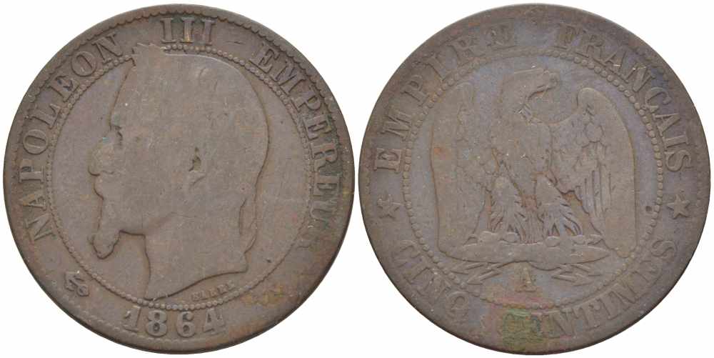 ФРАНЦИЯ 5 САНТИМОВ 1864 A, НАПОЛЕОН III (1852-1870) KM 797.1, LE FRANC 117.11 бронза 108-556