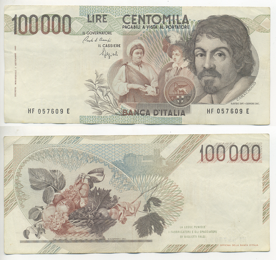 Италия 100000 лир 1983 Караваджо, фруктовый букет, подпись Speziali Pick 110b бумага 7220-10-1