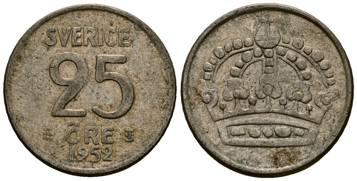 Швеция 25 эре 1952 Густав VI Адольф (1950-1973) KM 824 серебро 4164-1026