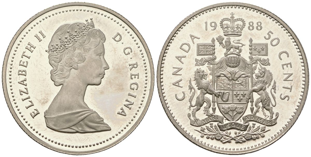 Канада 50 центов 1988 Елизавета II (1952-2022) KM 75.3 никель PROOF 4140-516