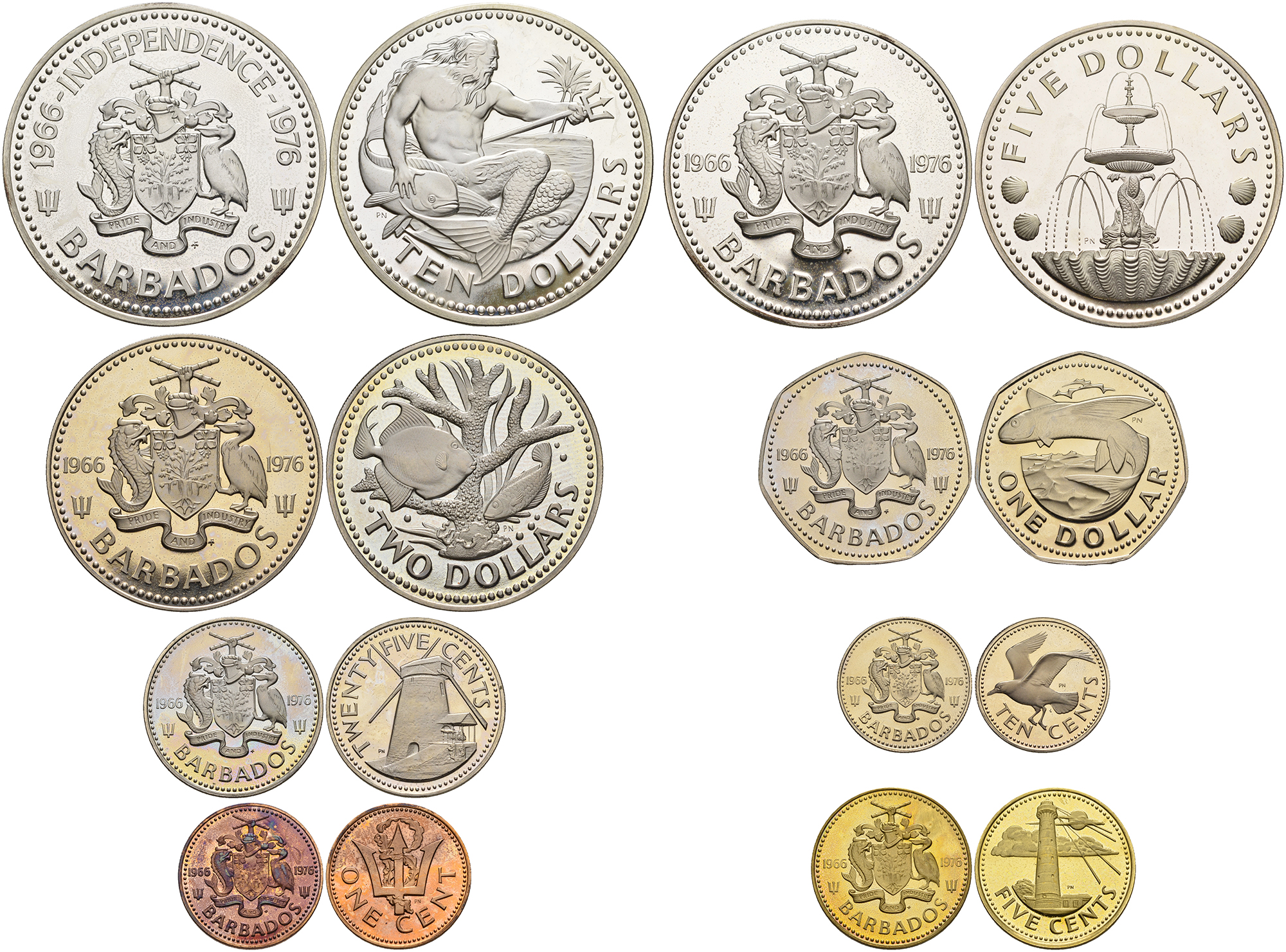 Барбадос лот из 8 монет 1976 1, 5, 10, 25 центов, 1, 2, 5 и 10 долларов 10 лет независимости KM 19-26   PROOF  1-5-2-12