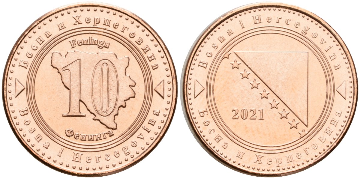Босния и Герцеговина 10 фенигов 2021 KM 115 сталь плакированная медью UNC 4602-1024