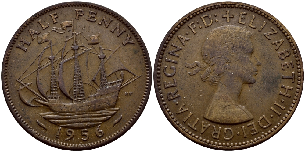 Великобритания 1/2 пенни 1956 Елизавета II (1952-2022) KM 896, Spink 4158 бронза 51-2037