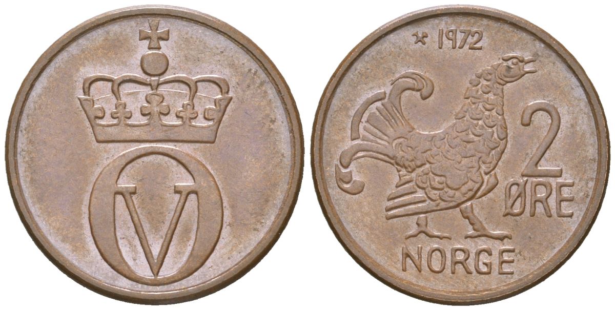 Норвегия 2 эре 1972 глухарь, Улаф V (1958-1991) KM 410 бронза UNC 3955-256