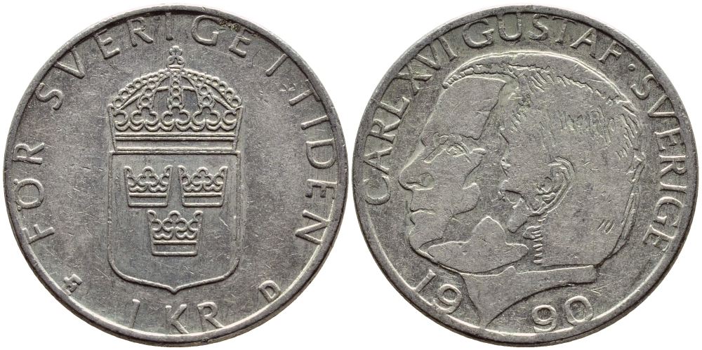 Швеция 1 крона 1990 Карл XVI Густав (1973- ) KM 852a медно-никель 4388-143