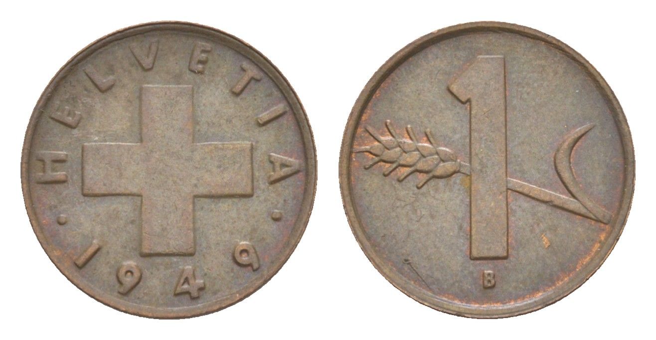 Швейцария 1 раппен 1949 B KM 46 бронза 4630-523