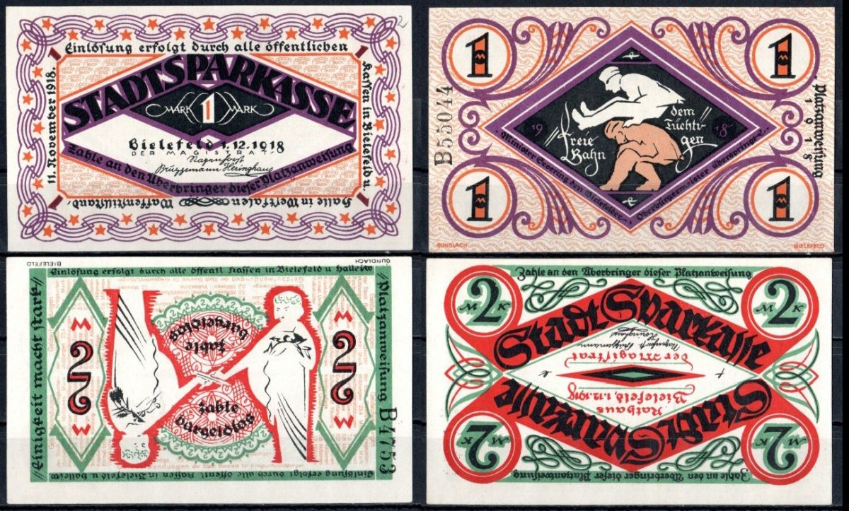 Билефельд (Пруссия, Вестфалия) полный набор из 2 нотгельдов (1 и 2 марки) 1918 Mehl Grabowski 103.1 бумага UNC (пресс) 7556-54-2-2