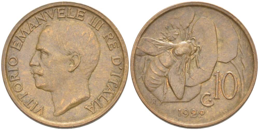 ИТАЛИЯ 10 ЧЕНТЕЗИМО 1922 R, МОНДВОР РИМ, ВИКТОР ЭММАНУИЛ III (1900-1946) KM 60 медь 4525-242