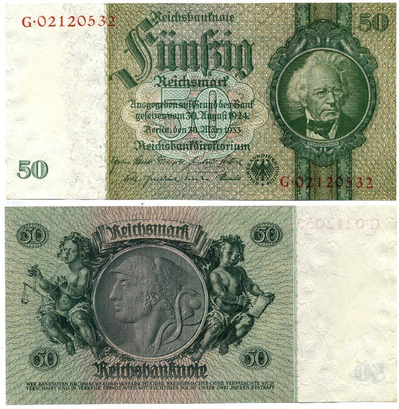 Германия 50 рейхсмарок 1933 Давид Ганземан, без серийного номера на оборотной стороне Pick 182 b бумага аUNC 7214-36-2-1