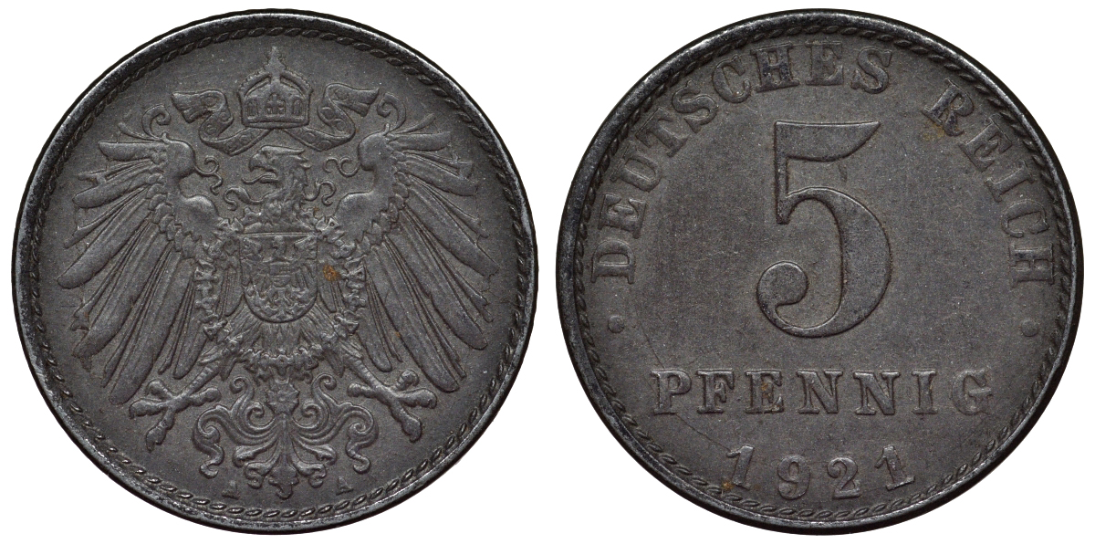 Германия 5 пфеннигов 1921 A KM 19, J. 297, Weege 5 железо 4118-1114