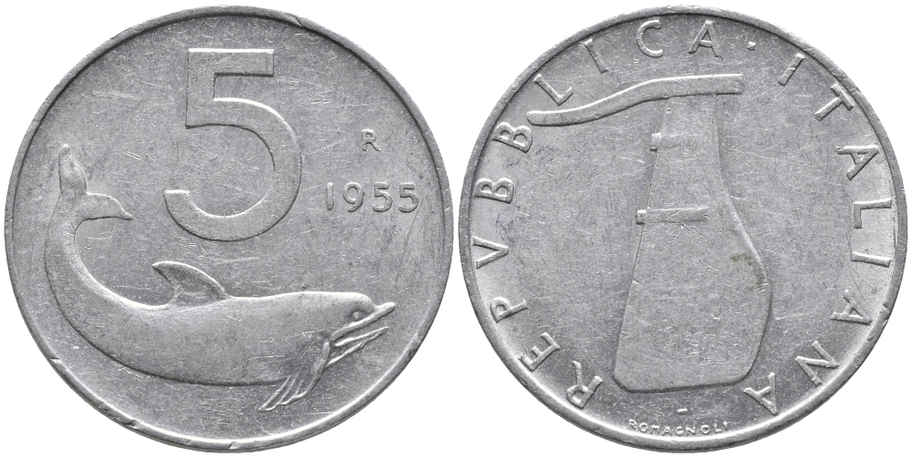 ИТАЛИЯ 5 ЛИР 1955 R, РУЛЬ, ДЕЛЬФИН KM 92 алюминий 89-734