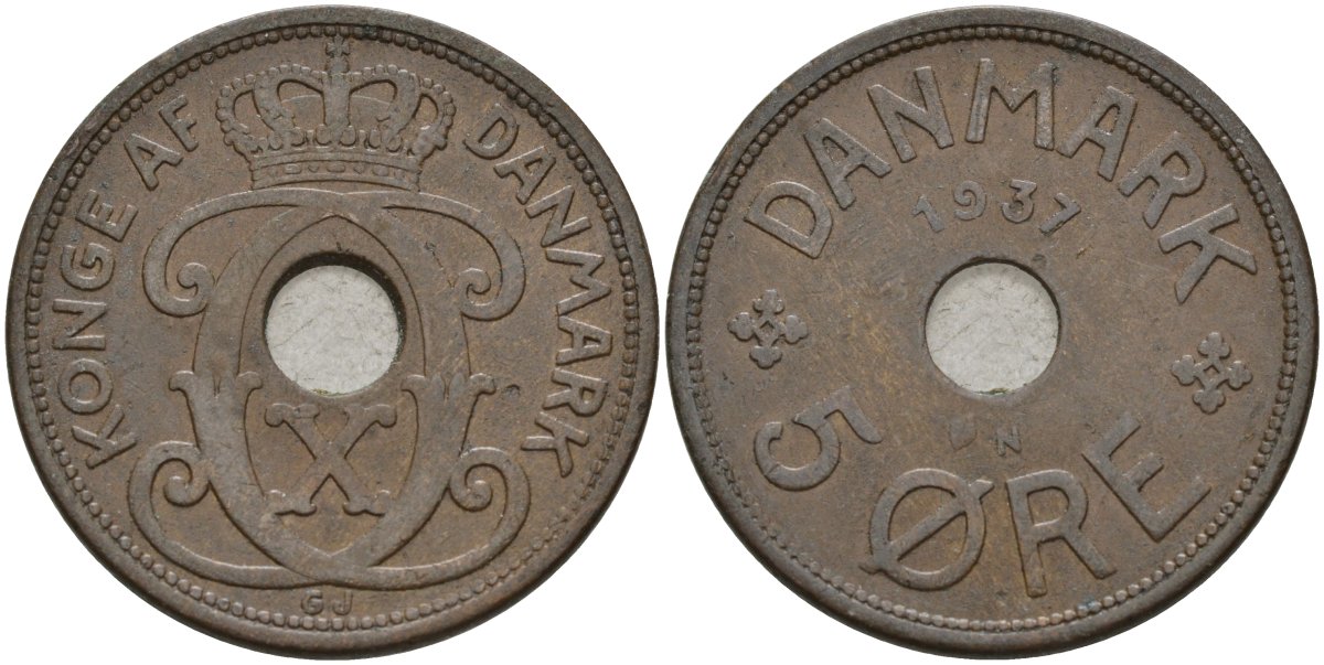 Дания 5 эре 1937 Кристиан X (1912-1947) KM 828 бронза 4148-223