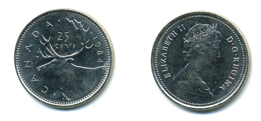 КАНАДА 25 ЦЕНТОВ 1984 ОЛЕНЬ KM 74 никель UNC 540-731