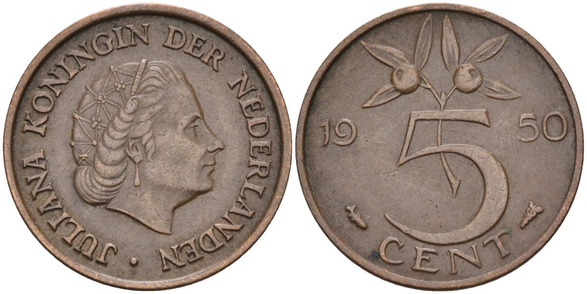 Нидерланды 5 центов 1950 Юлиана (1948-1980) KM 181 бронза 4592-846