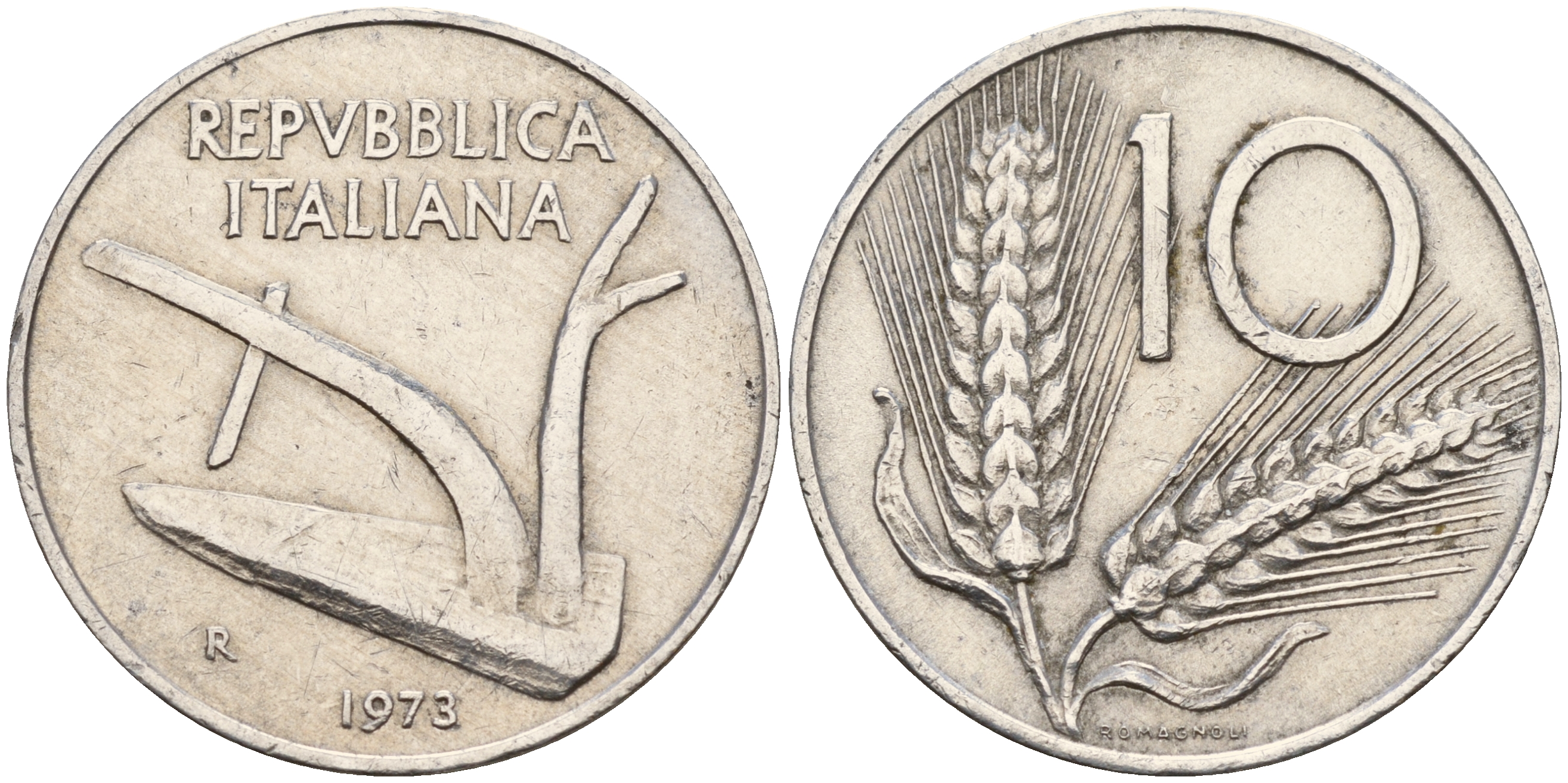 Италия 10 лир 1973 R, плуг KM 93 алюминий 4595-342