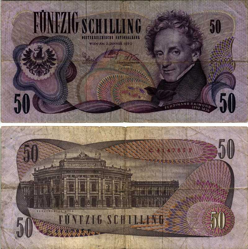 АВСТРИЯ 50 ШИЛЛИНГОВ 1970 (1972) 2 ЯНВАРЯ 1970, ФЕРДИНАНД РАЙМУНД Pick 143а бумага 8606-57-1-1