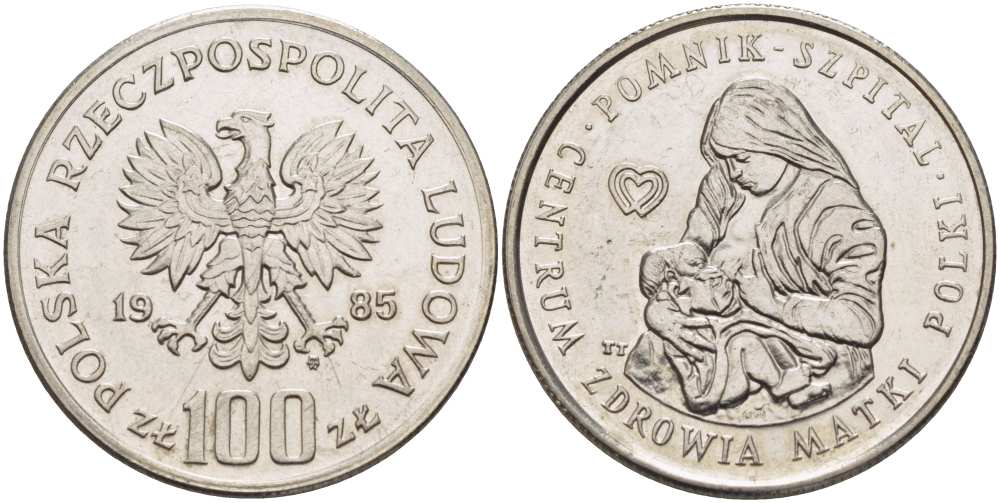Польша 100 злотых 1985 MW, Польский мемориальный центр здоровья женщин KM 157, Parchimowicz 299 сталь плакированная никелем 4512-724