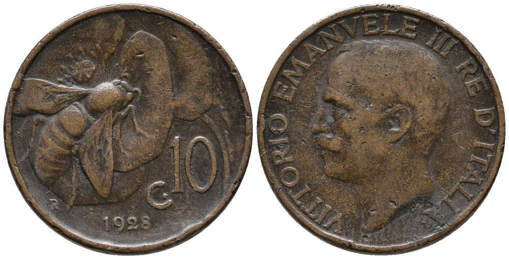 Италия 10 чентезимо 1928 R, Виктор Эммануил III (1900-1946), пчела KM 60 бронза 34-1226