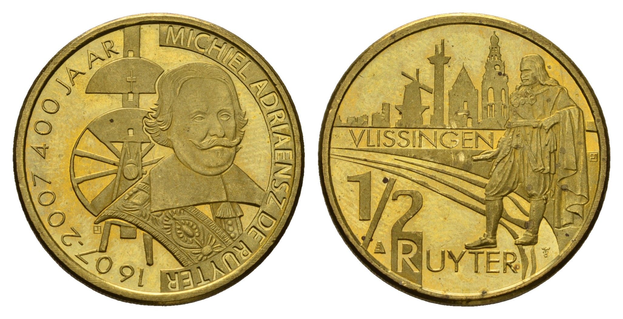 Нидерланды 1/2 рюйтера 2007 400 лет со дня рождения Михил де Рёйтер (адмирал, командовавший нидерландским флотом в Англо-голландских войнах XVII века) латунь UNC 4678-612