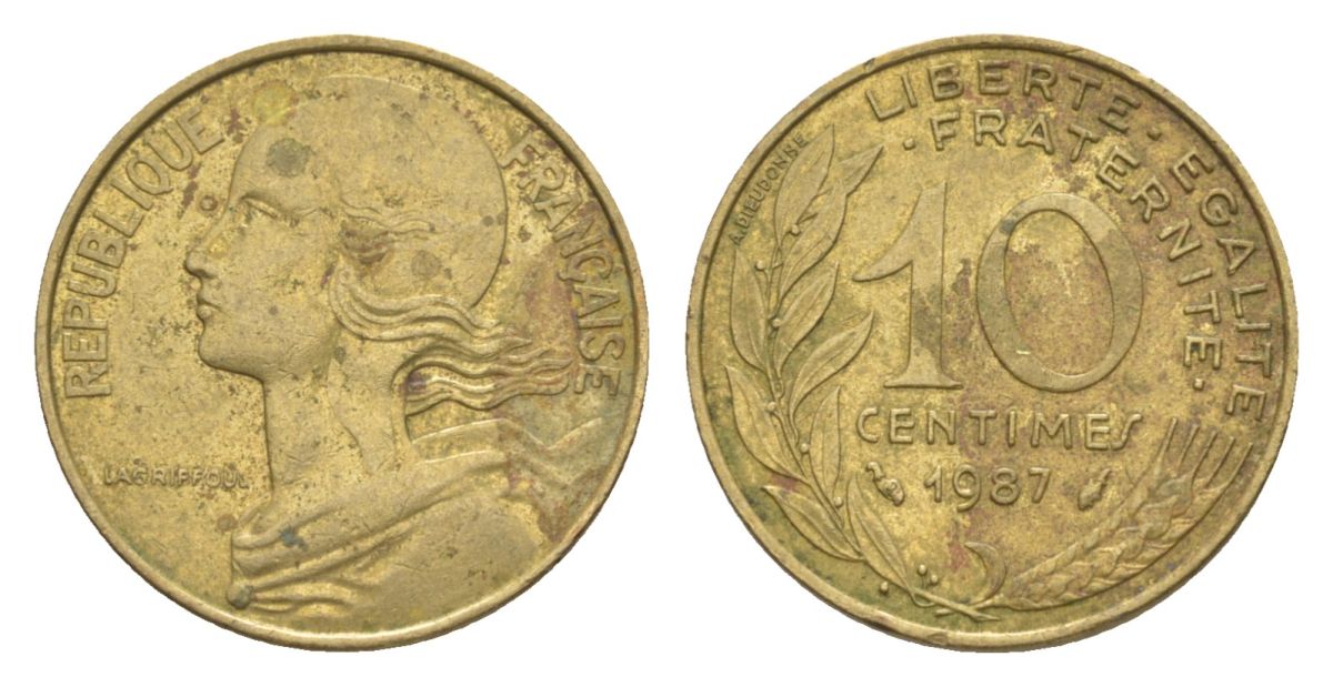 Франция 10 сантимов 1987 тип Morlon KM 929, Le Franc 144.27 алюминиевая бронза 4630-364