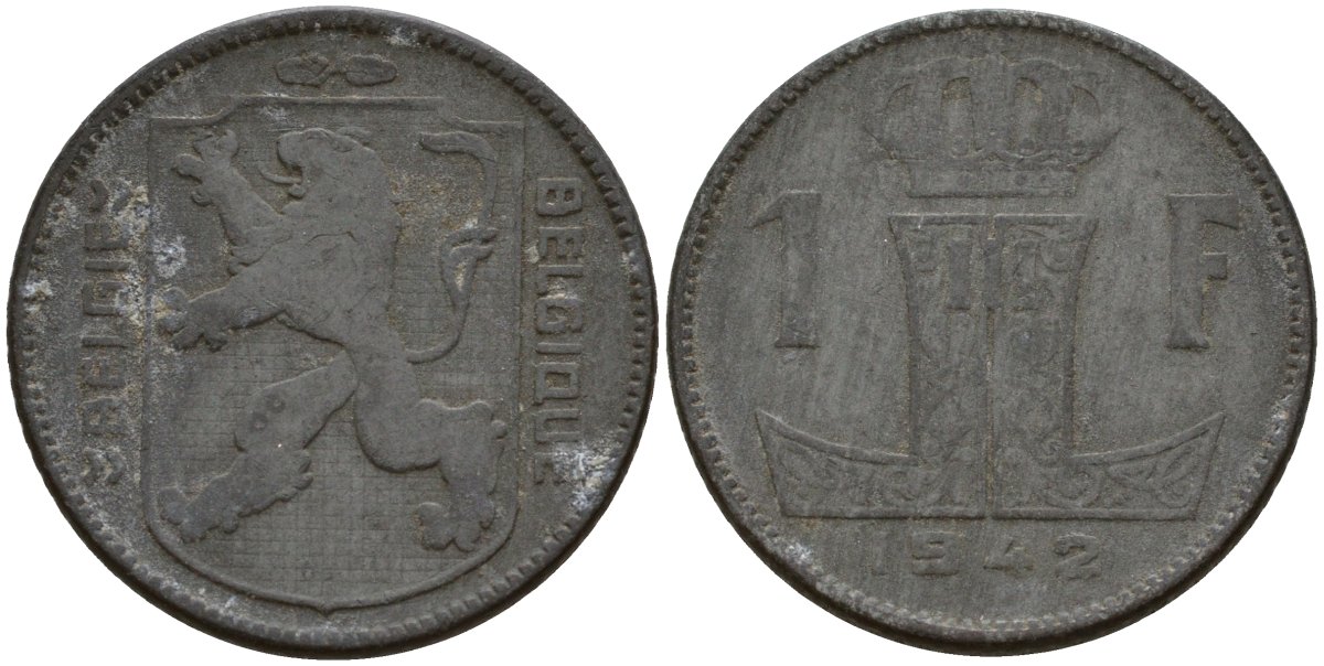 Бельгия 1 франк 1942 Belgique - Belgie, Леопольд III (1934-1947), германская оккупация, Вторая мировая война KM 127 цинк 4161-435