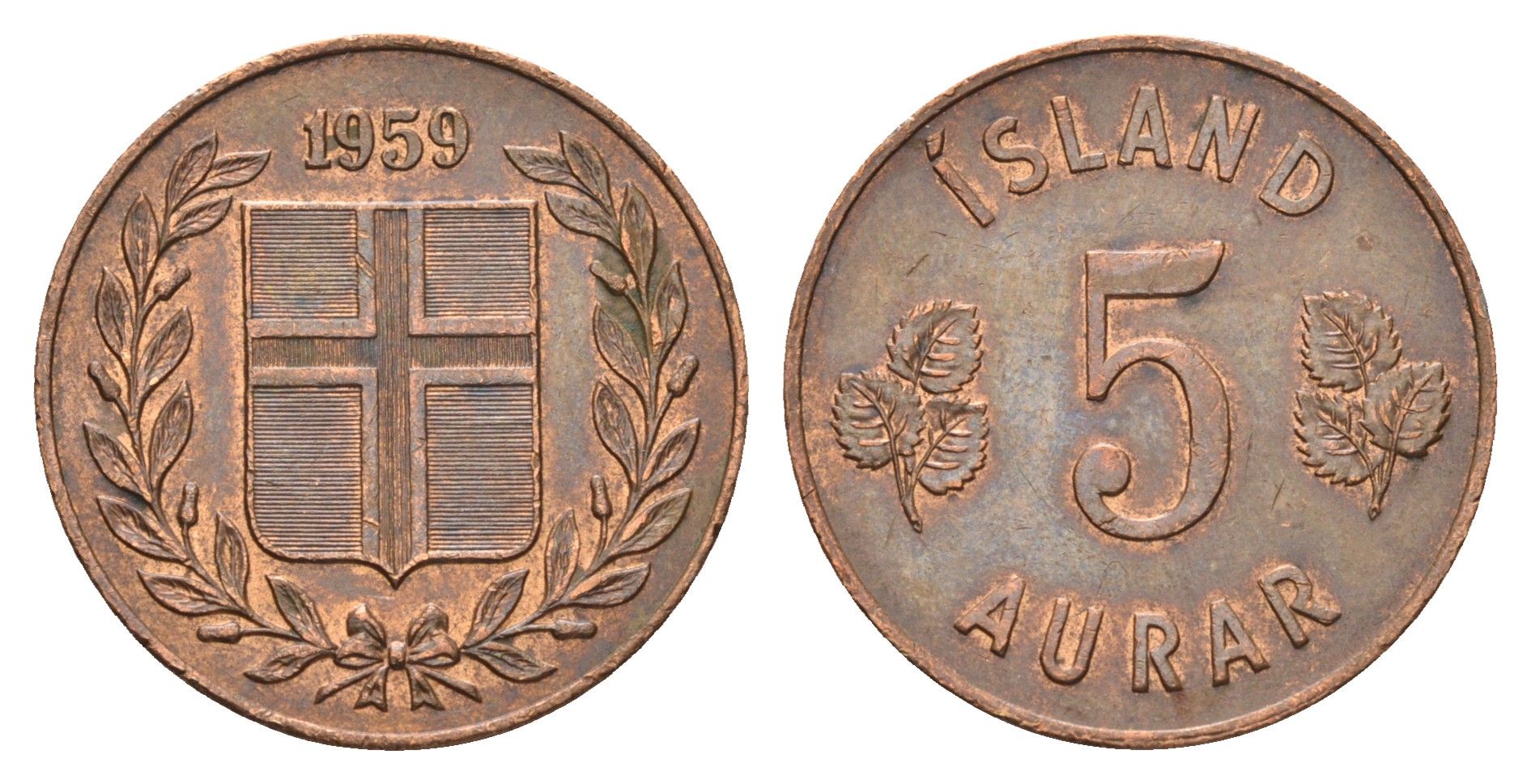 Исландия 5 эйре 1959 KM 9 бронза aUNC 4691-324