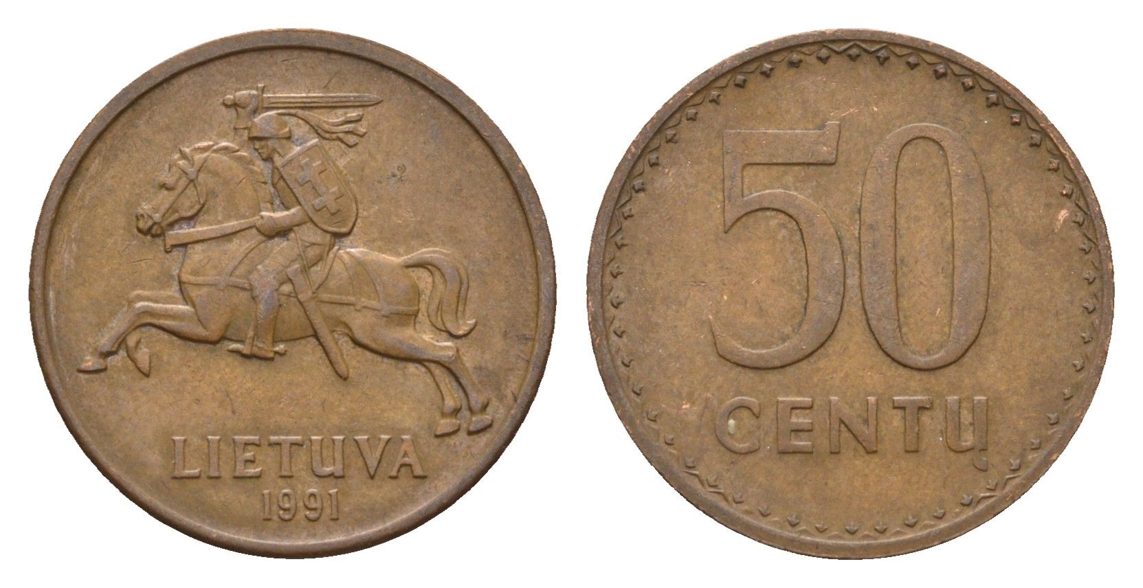 Литва 50 центов (сентов) 1991 год-тип KM 90 бронза 4689-1065