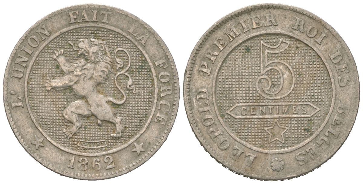 Бельгия 5 сантимов 1862 Леопольд I (1831-1865) KM?21 медно-никель 4615-659