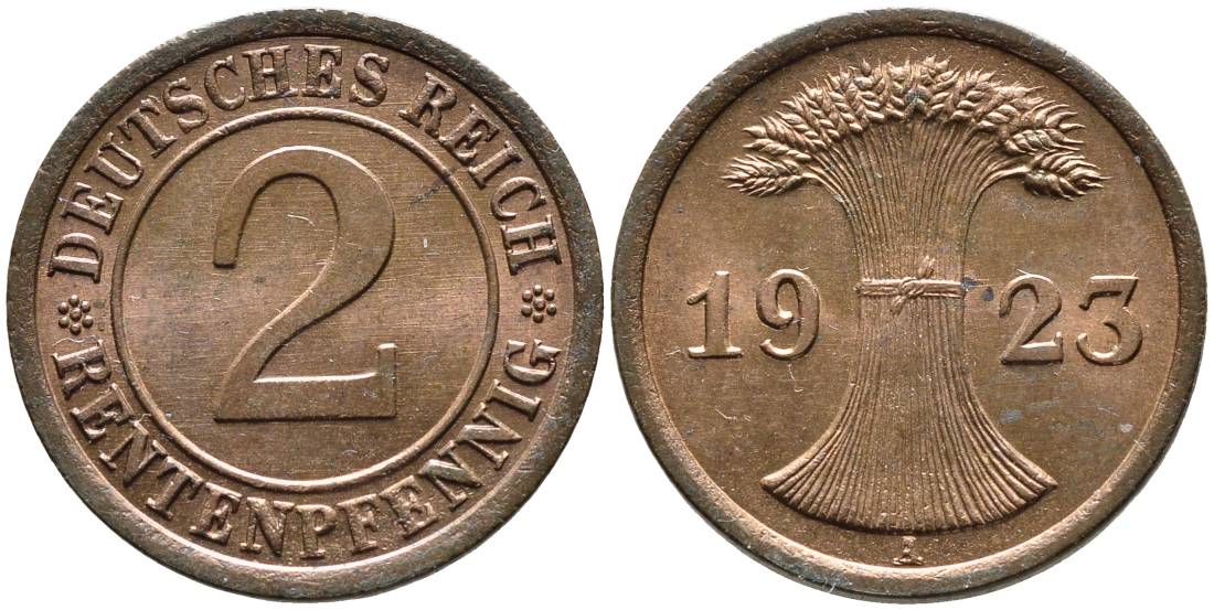 ГЕРМАНИЯ 2 РЕНТЕНПФЕННИГА 1923 A, ВЕЙМАРСКАЯ РЕСПУБЛИКА (1919-1933) KM 31, Jager 307, Weege 3 бронза aUNC 4546-815