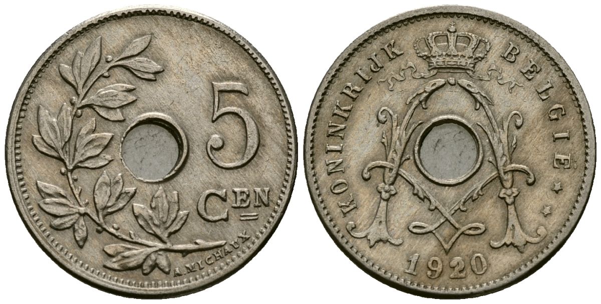 Бельгия 5 сантимов 1920 Belgie KM 67 медно-никель 4173-216