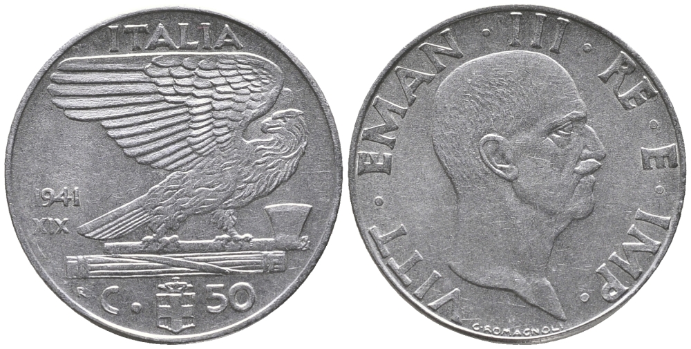 ИТАЛИЯ 50 ЧЕНТЕЗИМО 1941 R, ГОД XIX, МАГНИТНАЯ, ВИТОРИО ИМАНУИЛ III KM 76b нержавеющая сталь 34-314