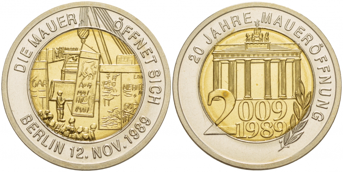 Германия медаль 2009 серия 20 лет объединения Германии, 12 ноября 1989 снос Берлинской стены, Бранденбургские ворота, сертификат  биметалл  UNC  1094-6-32