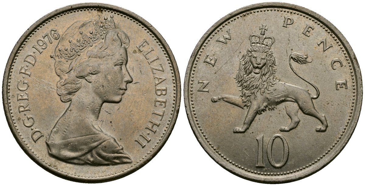 Великобритания 10 пенсов 1976 Елизавета II (1952-2022) KM 912, Spink 4231 (F1) медно-никель 4384-844