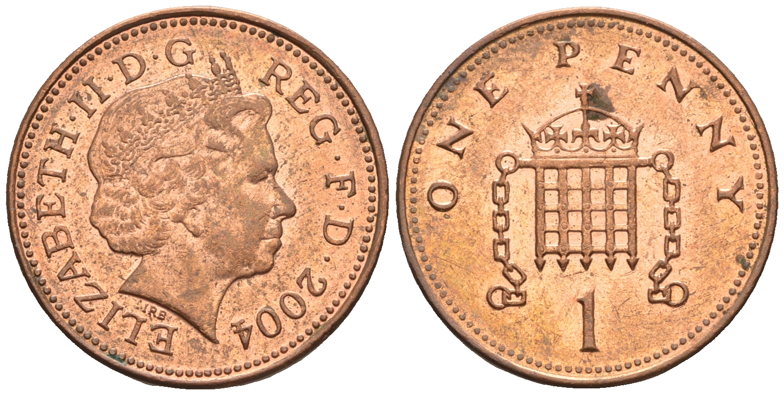 Великобритания 1 пенни 2004 Елизавета II (1952-2022) KM 986, Spink 4710 (B5) сталь плакированная медью 4609-612