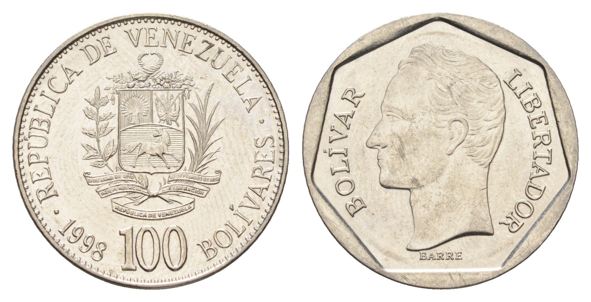Венесуэла 100 боливаров 1998 год-тип, Симон Боливар Y 78.1 сталь плакированная никелем UNC 4666-1237