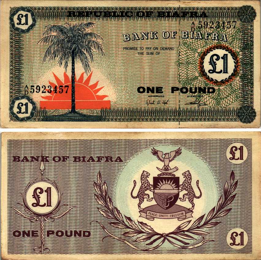 БИАФРА 1 ФУНТ 1967 БОЛЬШАЯ ПАЛЬМА, ГЕРБ Pick 2 бумага XF 6352-33-2-2