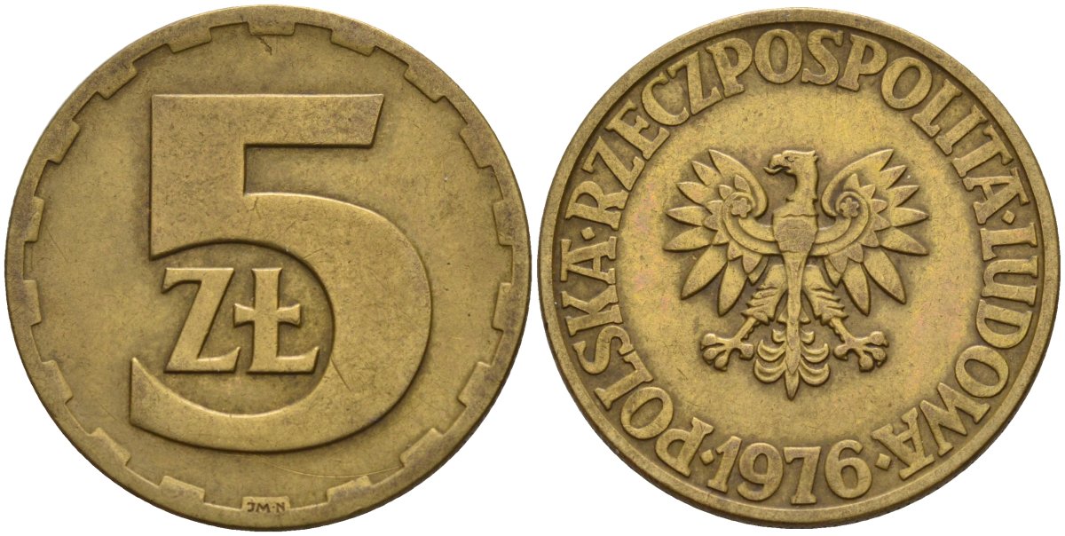 Польша 5 злотых 1976 монетный двор Ленинград (ЛМД) KM 81.1, Parchimowicz 221b латунь 4141-414